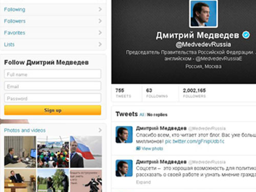 Thủ tướng Nga có hơn 2 triệu fan trên Twitter