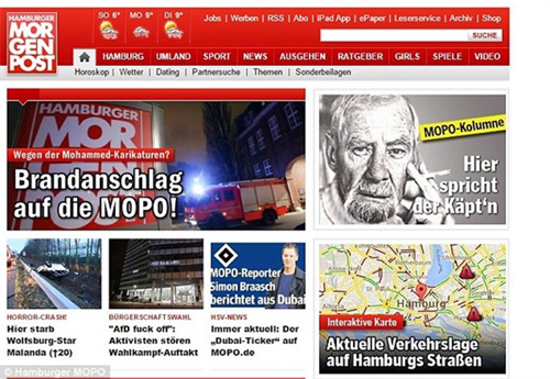 Báo Đức bị phóng hỏa khi đăng hình biếm họa của Charlie Hedbo