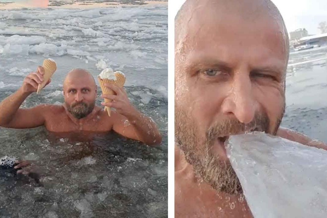 Người đàn ông Nga ngâm mình dưới hồ nước đóng băng