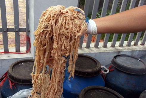 Gần tấn lòng lợn thối chuẩn bị làm lạp sườn, xúc xích